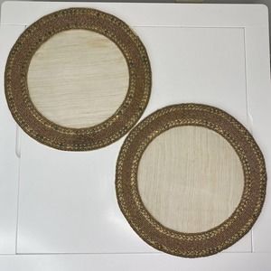 Lot of 2 RLK Leila's Linens Beaded Round Centerpiece Mats Beige Gold Placemats